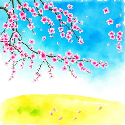 A serene watercolor painting of a cherry blossom tree in full bloom, showcasing vibrant pink blossoms cascading against a clear blue sky