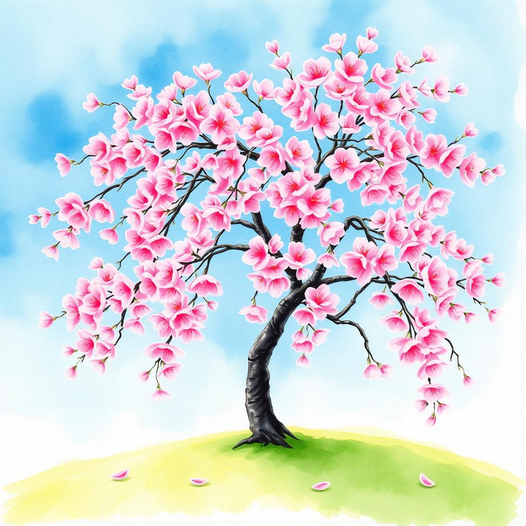 A serene watercolor painting of a cherry blossom tree in full bloom, showcasing vibrant pink blossoms cascading against a clear blue sky