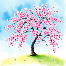 A serene watercolor painting of a cherry blossom tree in full bloom, showcasing vibrant pink blossoms cascading against a clear blue sky