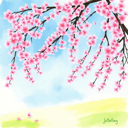 A serene watercolor painting of a cherry blossom tree in full bloom, showcasing vibrant pink blossoms cascading against a clear blue sky