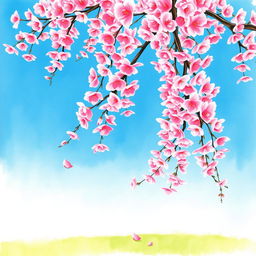 A serene watercolor painting of a cherry blossom tree in full bloom, showcasing vibrant pink blossoms cascading against a clear blue sky