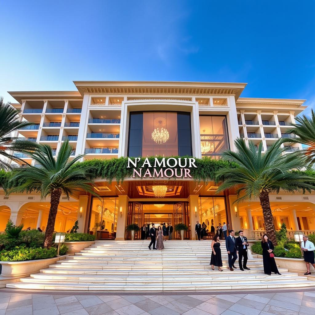 A luxurious five-star hotel named Namour, featuring opulent architecture, with grand entrance stairs leading up to an intricately designed façade adorned with lush greenery and elegant lighting
