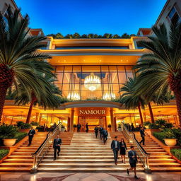 A luxurious five-star hotel named Namour, featuring opulent architecture, with grand entrance stairs leading up to an intricately designed façade adorned with lush greenery and elegant lighting