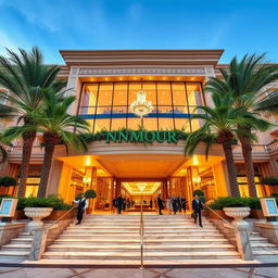A luxurious five-star hotel named Namour, featuring opulent architecture, with grand entrance stairs leading up to an intricately designed façade adorned with lush greenery and elegant lighting