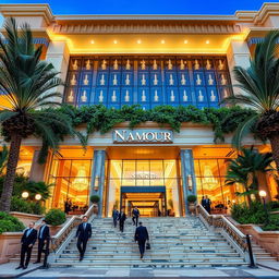 A luxurious five-star hotel named Namour, featuring opulent architecture, with grand entrance stairs leading up to an intricately designed façade adorned with lush greenery and elegant lighting