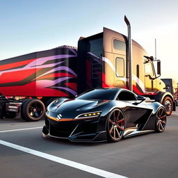 An impressive image showing a set of custom Suzuki rims mounted on a sleek vehicle, designed alongside a cutting-edge semi-truck