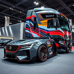 An impressive image showing a set of custom Suzuki rims mounted on a sleek vehicle, designed alongside a cutting-edge semi-truck