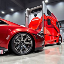 An impressive image showing a set of custom Suzuki rims mounted on a sleek vehicle, designed alongside a cutting-edge semi-truck