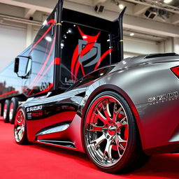 An impressive image showing a set of custom Suzuki rims mounted on a sleek vehicle, designed alongside a cutting-edge semi-truck