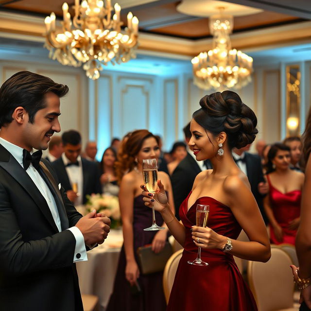 A group of elegantly dressed people at a formal event, wearing stylish tuxedos and beautiful evening gowns