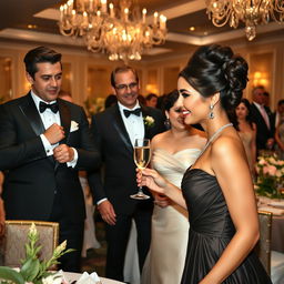 A group of elegantly dressed people at a formal event, wearing stylish tuxedos and beautiful evening gowns