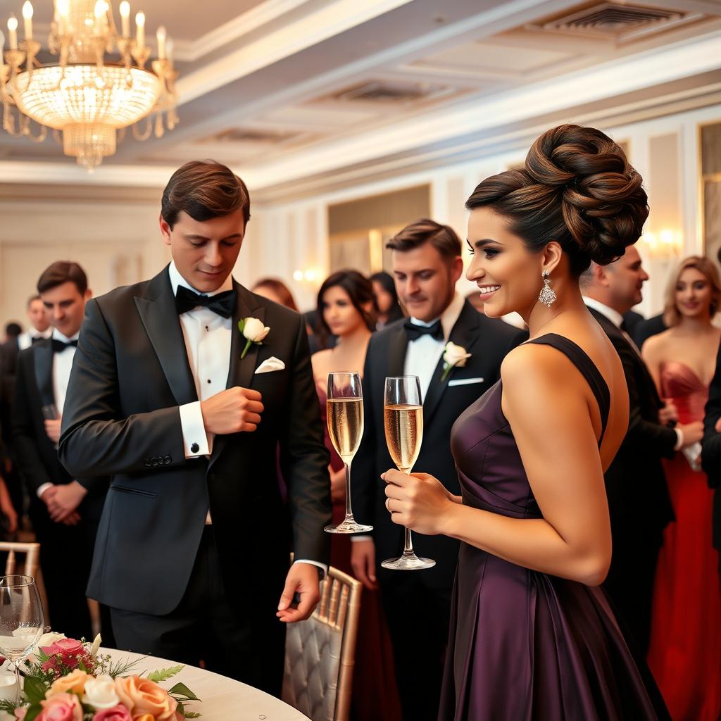 A group of elegantly dressed people at a formal event, wearing stylish tuxedos and beautiful evening gowns