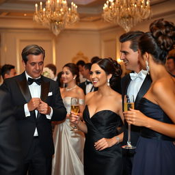A group of elegantly dressed people at a formal event, wearing stylish tuxedos and beautiful evening gowns