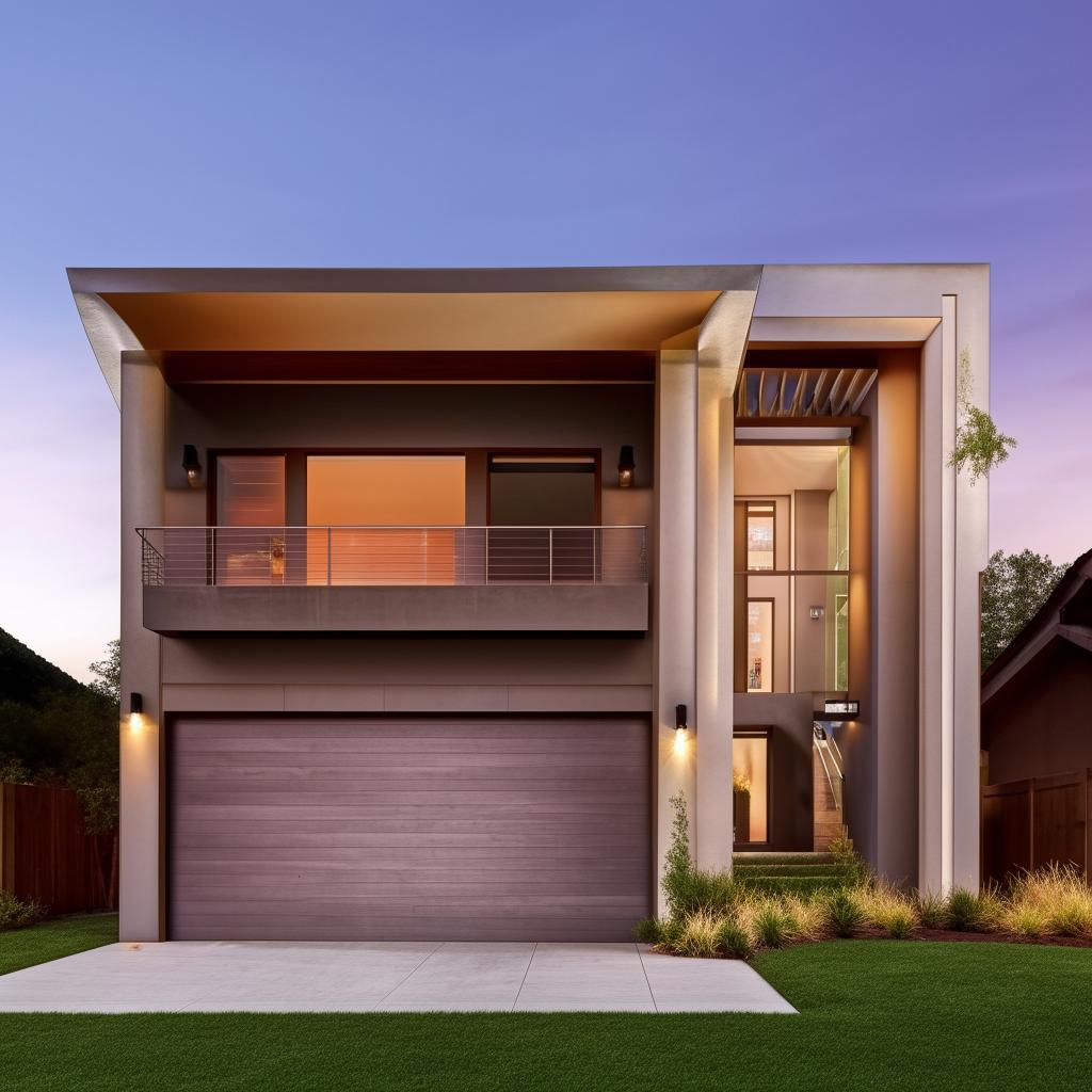 Create an image of a beautifully designed, three-story building measuring 60ft x 30ft. It features a right-side garage with an interior staircase, all based on modern architectural design.