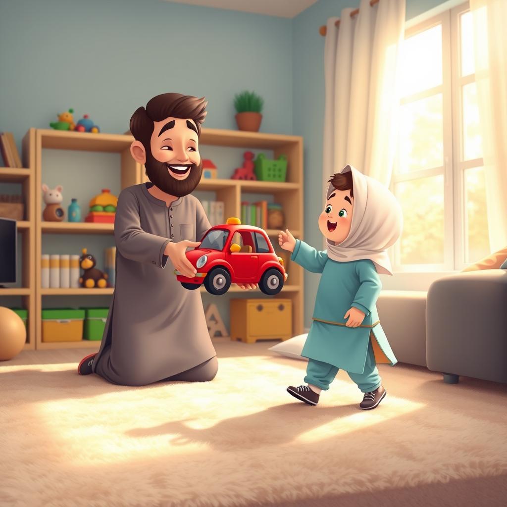 A cheerful living room scene featuring a Muslim father dressed in traditional shalwar qameez, joyfully holding out a bright red toy car to his young child who is adorably wearing cute Muslim clothes