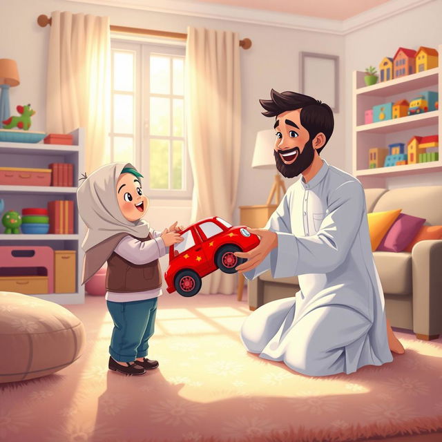 A cheerful living room scene featuring a Muslim father dressed in traditional shalwar qameez, joyfully holding out a bright red toy car to his young child who is adorably wearing cute Muslim clothes