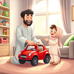 A cheerful living room scene featuring a Muslim father dressed in traditional shalwar qameez, joyfully holding out a bright red toy car to his young child who is adorably wearing cute Muslim clothes