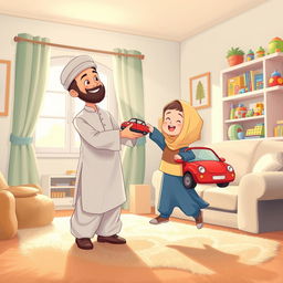 A cheerful living room scene featuring a Muslim father dressed in traditional shalwar qameez, joyfully holding out a bright red toy car to his young child who is adorably wearing cute Muslim clothes
