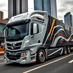 A striking image featuring custom Renault rims mounted on a sleek and modern semi-truck, showcasing innovative design elements and cutting-edge technology
