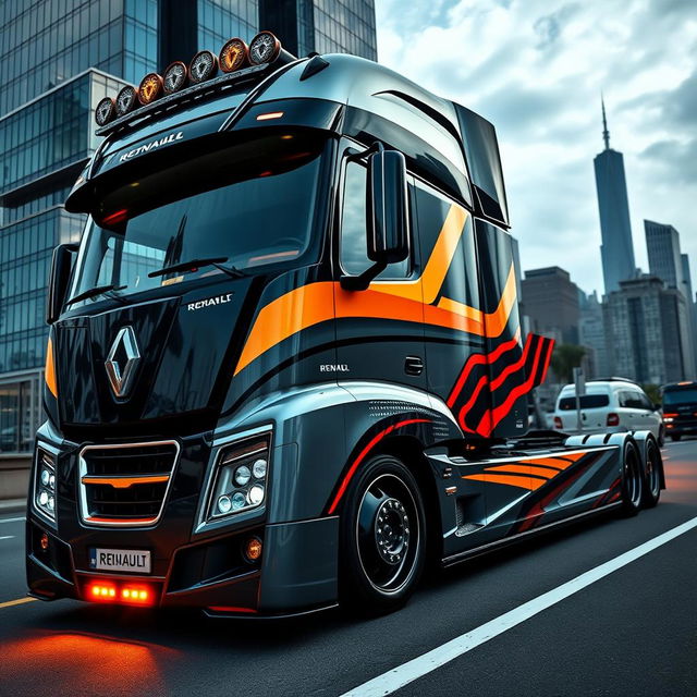 A striking image featuring custom Renault rims mounted on a sleek and modern semi-truck, showcasing innovative design elements and cutting-edge technology