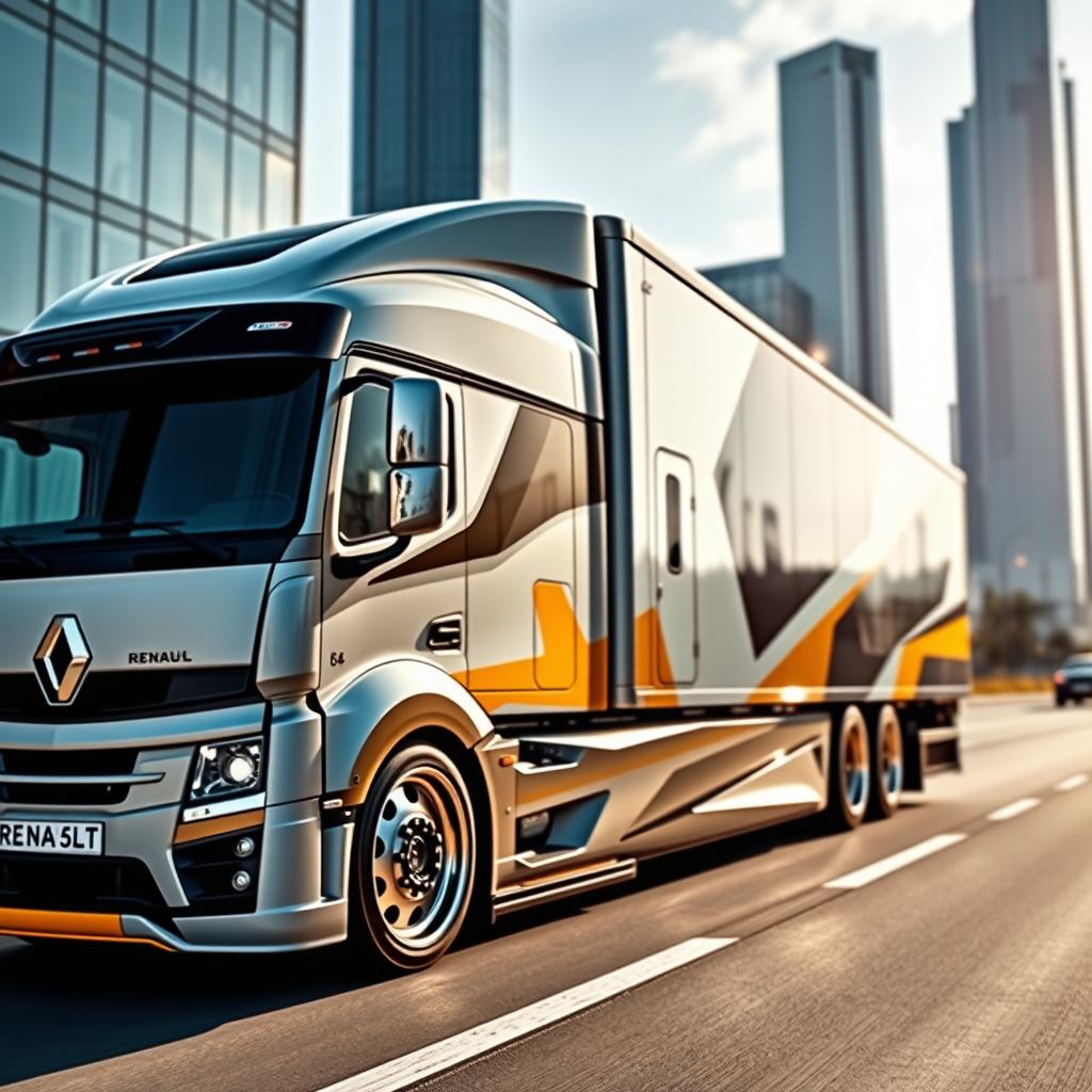 A striking image featuring custom Renault rims mounted on a sleek and modern semi-truck, showcasing innovative design elements and cutting-edge technology