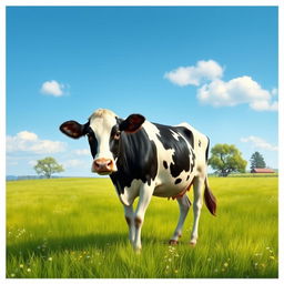 A detailed and realistic image of a cow standing in a lush green meadow under a clear blue sky