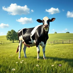 A detailed and realistic image of a cow standing in a lush green meadow under a clear blue sky