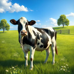 A detailed and realistic image of a cow standing in a lush green meadow under a clear blue sky