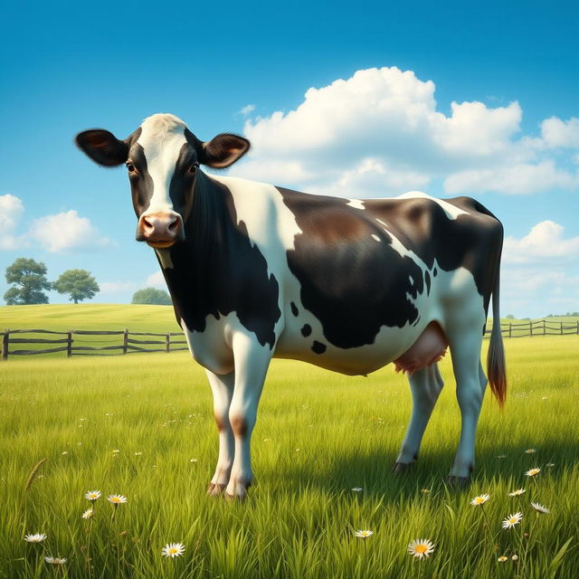 A detailed and realistic image of a cow standing in a lush green meadow under a clear blue sky