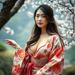 A stunning 25-year-old Japanese woman, elegantly dressed in a traditional kimono with a sumptuous plunging neckline, dramatically accentuating her exceptionally large bust