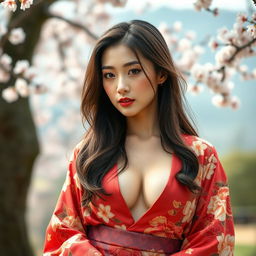 A stunning 25-year-old Japanese woman, elegantly dressed in a traditional kimono with a sumptuous plunging neckline, dramatically accentuating her exceptionally large bust