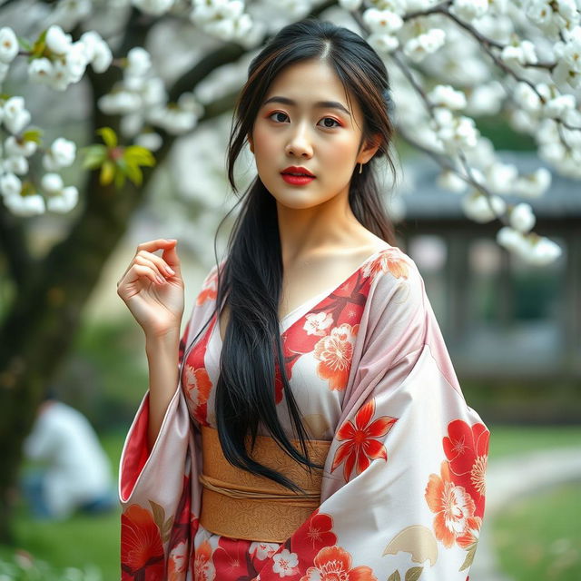 A stunning 25-year-old Japanese woman, elegantly dressed in a traditional kimono with a sumptuous plunging neckline, dramatically accentuating her exceptionally large bust