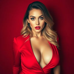 A beautiful 35-year-old woman, dressed in a captivating red outfit that showcases her deep cleavage and highlights her voluptuous figure