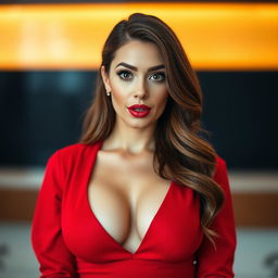 A beautiful 35-year-old woman, dressed in a captivating red outfit that showcases her deep cleavage and highlights her voluptuous figure