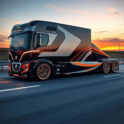 A striking image featuring custom Renault rims mounted on a sleek and modern semi-truck, highlighting a futuristic and innovative design