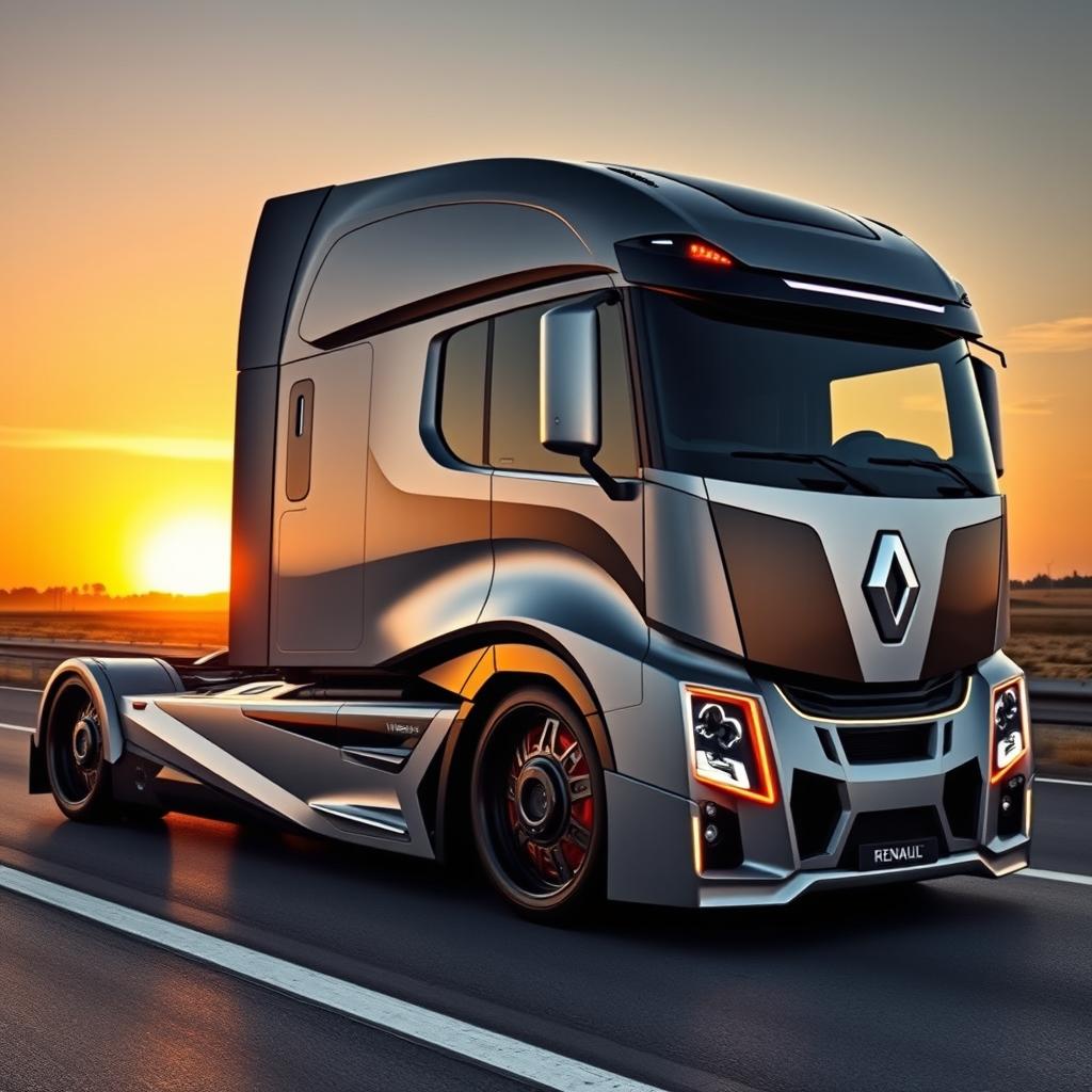 A striking image featuring custom Renault rims mounted on a sleek and modern semi-truck, highlighting a futuristic and innovative design