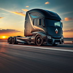 A striking image featuring custom Renault rims mounted on a sleek and modern semi-truck, highlighting a futuristic and innovative design