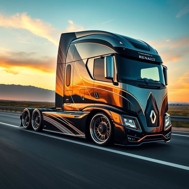 A striking image featuring custom Renault rims mounted on a sleek and modern semi-truck, highlighting a futuristic and innovative design