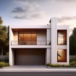 Create an image of a beautifully designed, three-story building measuring 60ft x 30ft. It features a right-side garage with an interior staircase, all based on modern architectural design.