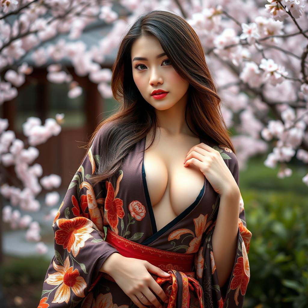 A stunning 25-year-old Japanese woman, elegantly adorned in a traditional kimono with a daring plunging neckline that showcases her exceptionally large bust