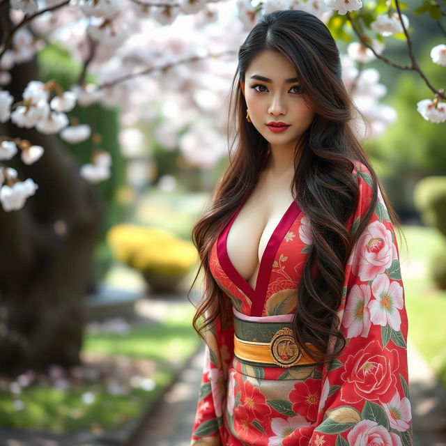 A stunning 25-year-old Japanese woman, elegantly adorned in a traditional kimono with a daring plunging neckline that showcases her exceptionally large bust