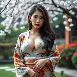 A stunning 25-year-old Japanese woman, elegantly adorned in a traditional kimono with a daring plunging neckline that showcases her exceptionally large bust