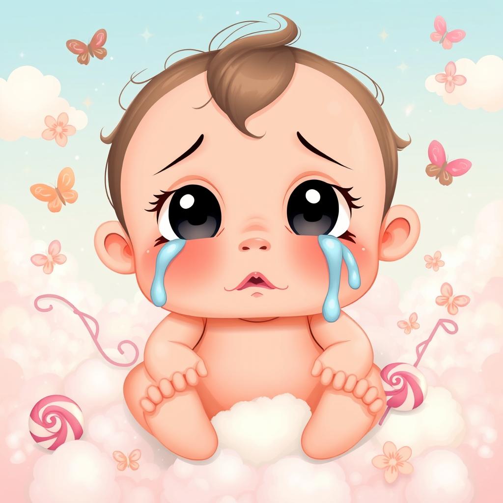 A whimsical interpretation of a 'cry baby' art piece featuring an oversized cartoonish baby with large expressive eyes, tears streaming down its cheeks, and a pouty mouth