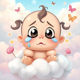 A whimsical interpretation of a 'cry baby' art piece featuring an oversized cartoonish baby with large expressive eyes, tears streaming down its cheeks, and a pouty mouth