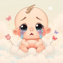 A whimsical interpretation of a 'cry baby' art piece featuring an oversized cartoonish baby with large expressive eyes, tears streaming down its cheeks, and a pouty mouth