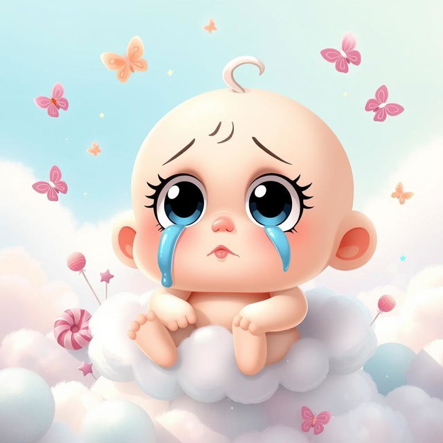 A whimsical interpretation of a 'cry baby' art piece featuring an oversized cartoonish baby with large expressive eyes, tears streaming down its cheeks, and a pouty mouth