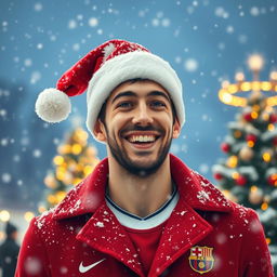 A joyful image of Federico Valverde, a renowned professional football player, wearing a festive Christmas hat