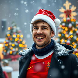 A joyful image of Federico Valverde, a renowned professional football player, wearing a festive Christmas hat