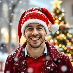 A joyful image of Federico Valverde, a renowned professional football player, wearing a festive Christmas hat