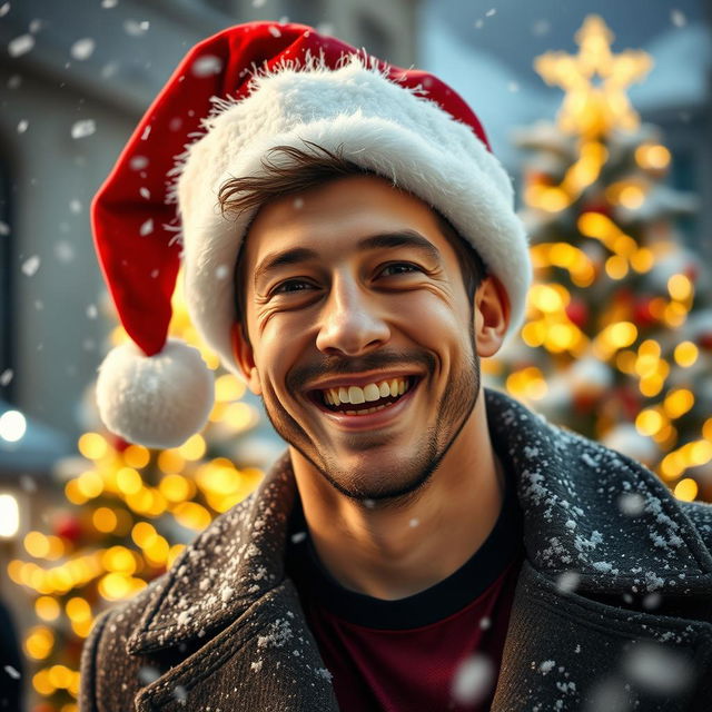 A joyful image of Federico Valverde, a renowned professional football player, wearing a festive Christmas hat